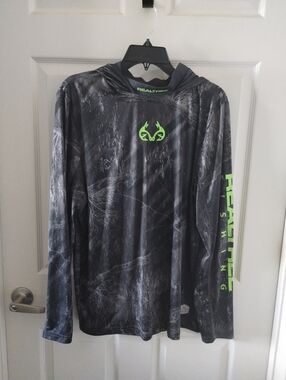 Realtree Black & Neon Green Camo Hooded Performance Shirt Size M